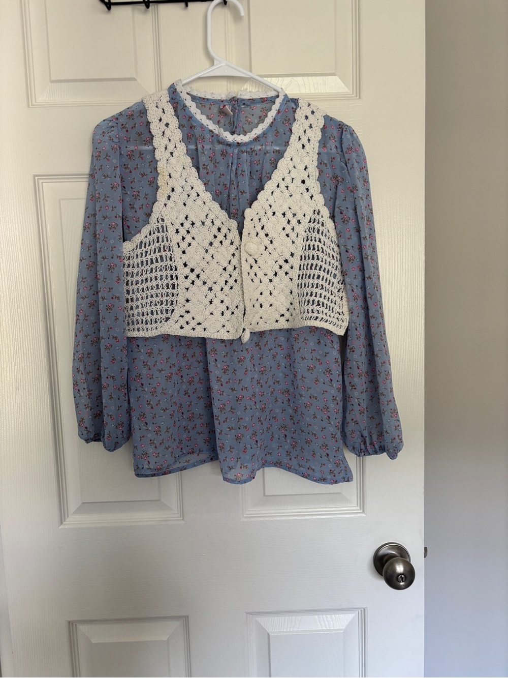 Blue Floral Blouse with Crochet Vest M